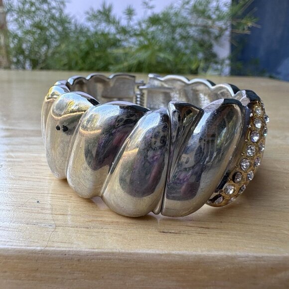 VTG Bangle Bracelet Rhinestone Hinge Gold Silver Tone Statement Classy Size 6 - Picture 4 of 10